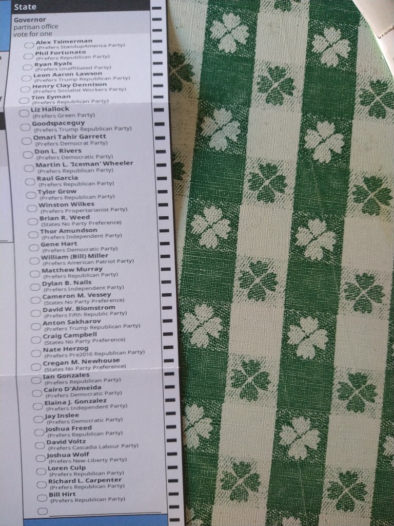 Picture of the voters ballot in WA. Picture focus is of the candidates running for state governor.