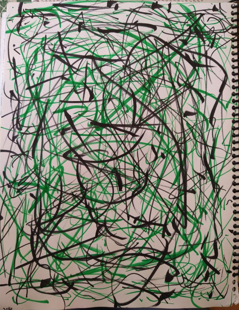 Anxiety Shock: An art piece I created with Tombow green and black markers in 2016. It's my attempt at a tornado style Jackson Pollock piece.