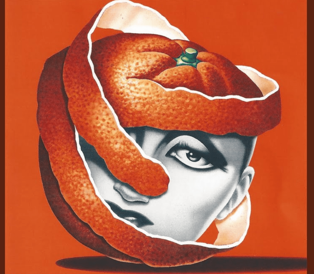 Album cover of a black and white photo of a woman in the middle of a peeled orange. Her head is peeled like an orange. 