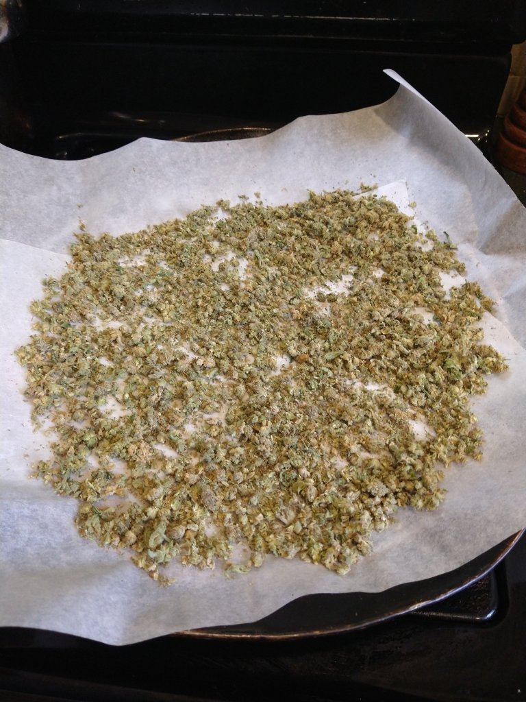 Cannabis ground into small pieces. To be Decarboxylated by baking in a 240 degree Fahrenheit oven.

