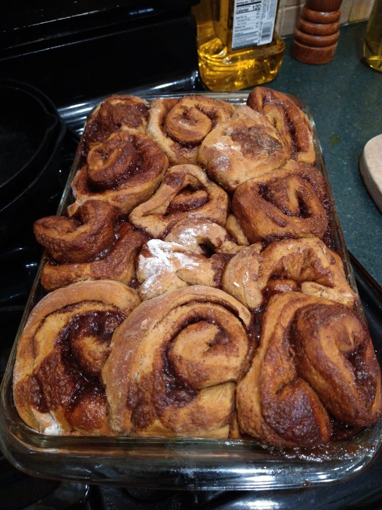 Cooked Pumpkin spice cinnamon rolls right out of the oven.