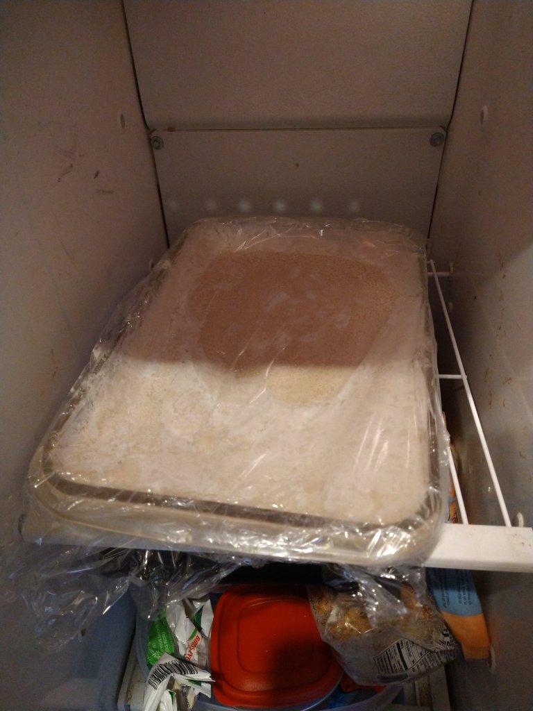 Frozen banana gelato wrapped in plastic wrap, stored in a glass pyrex pan in a freezer. 