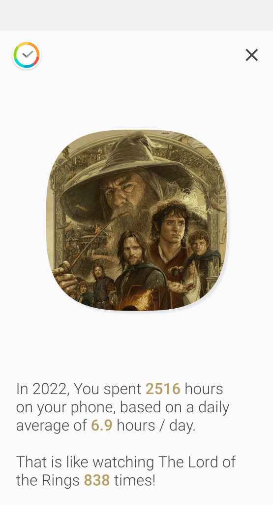Screenshot of 2022 total app use by me, tracked by Stay Free app. In 2022, I spent 2516 hours on my phone. An average of 6.9 hours a day. 
