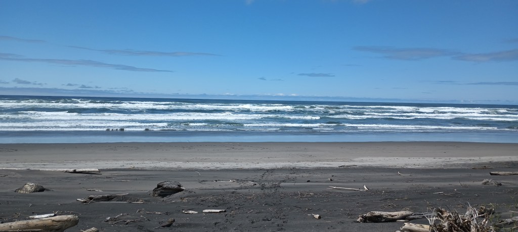 Layers of crashing blue waves against a blue sky, beige and black sand, scattered driftwood.